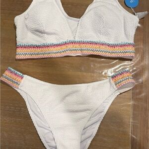 White Textured Bikini with Multicolor Trim xl
